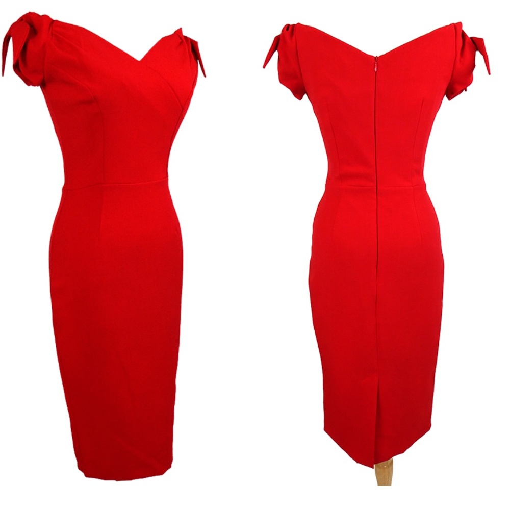 Red Off-Shoulder Sheath Dress with Tie Sleeves